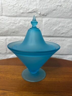 Tiffin Satin Blue Candy Compote Dish with Lid Art Deco